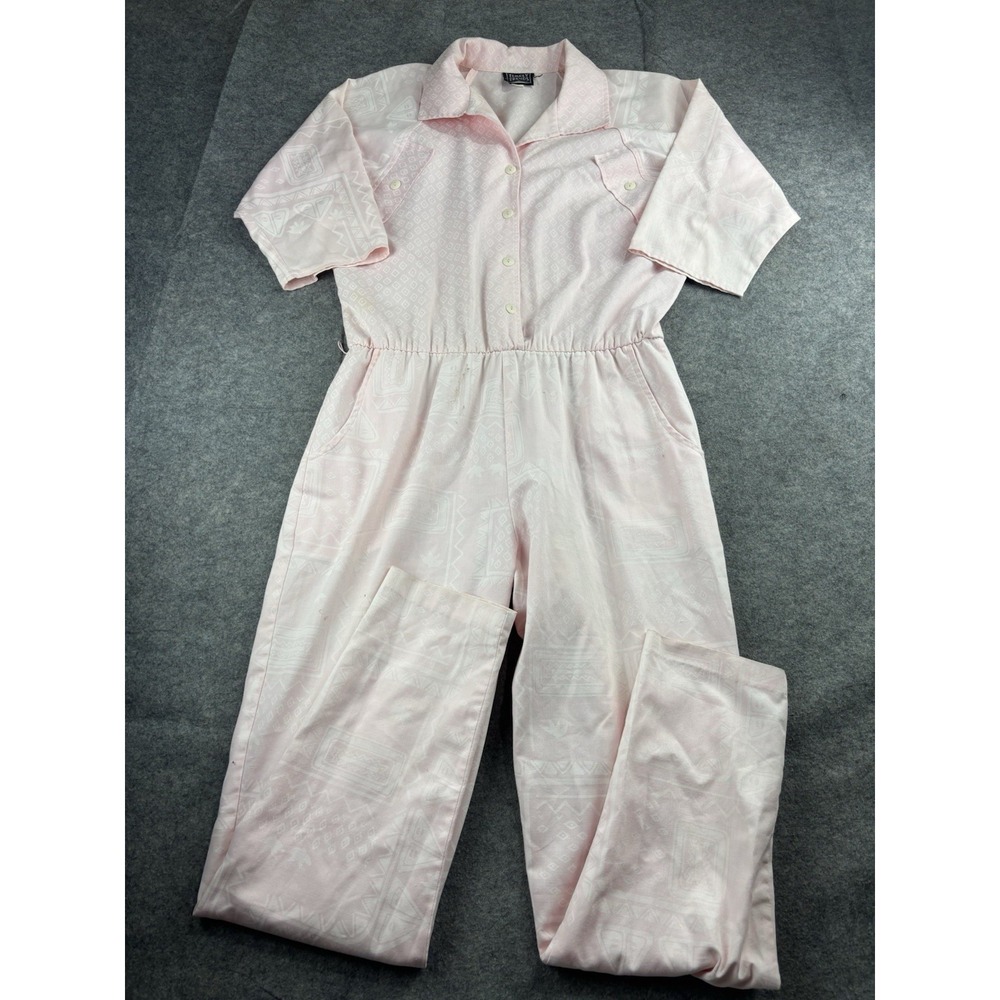 VTG 1980's Timely Trends Women's 11/12 Pink Jumpsuit Coveralls Geo Preppy Chic